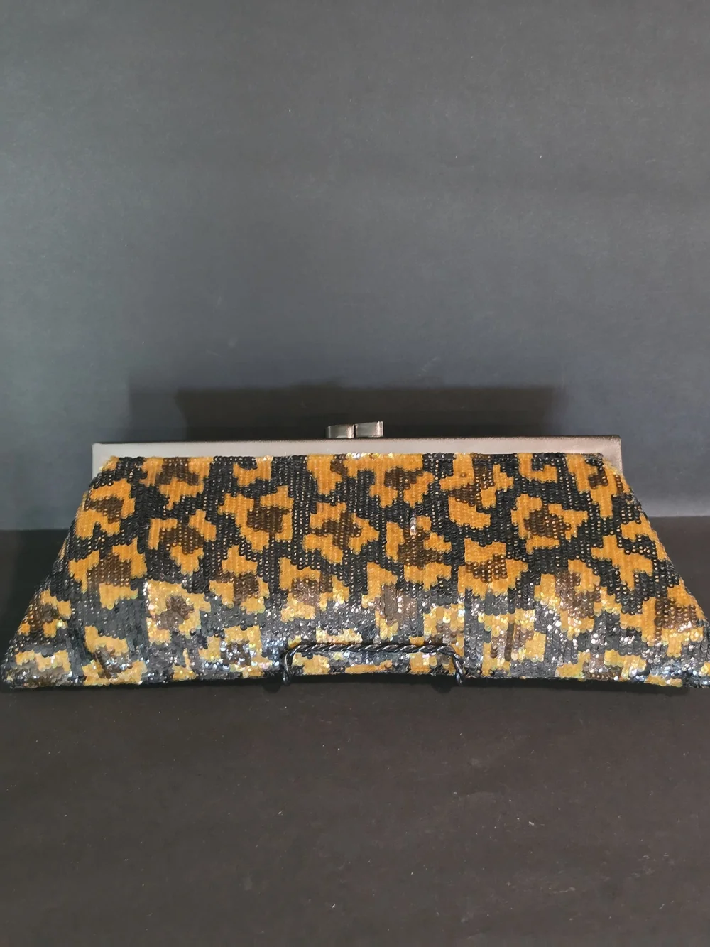 Embroidered Rose Beaded Leopard-Print Clutch in Gold & Black